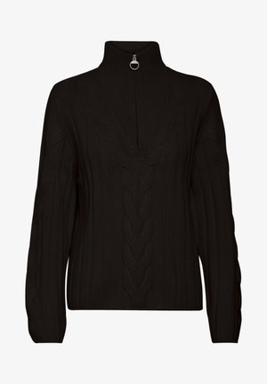 Czarny sweter dzianinowy z wysokim kołnierzem i suwakiem na ćwierć. Posiada wzór w warkocze, prążkowaną teksturę oraz długie rękawy.