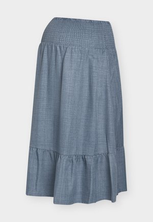 Fustă din denim cu talie strânsă cu elastic, până la genunchi, având tiv evazat și un material texturat de culoare albastru deschis.