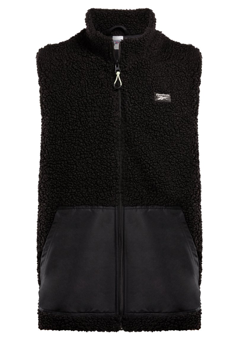Schwarze Fleece-Weste mit hohem Kragen und Reißverschluss. Sie besitzt einen weichen, strukturierten Stoff mit einem kontrastierenden glatten schwarzen unteren Teil und Fronttaschen.