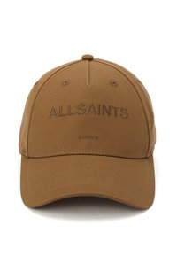Brown cotton baseball cap featuring embroidered "ALLSAINTS" logo and "LONDON" detail, structured design with a curved brim.