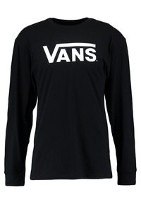 T-shirt nera a maniche lunghe in cotone con il logo bianco "VANS" stampato sul petto. Presenta un collo rotondo e una vestibilità standard.