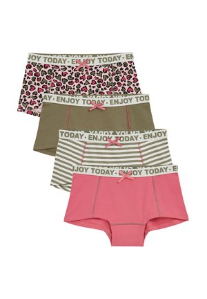 Fyra par kalsonger: rosa med leopardmönster, olivgrön, grårandig och enfärgad rosa. Varje med elastiskt midjeband och dekorerande rosetter.
