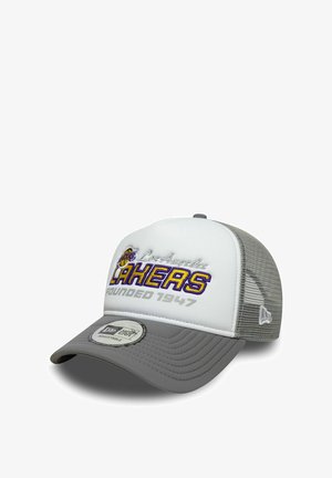 Graue und weiße Baseballmütze mit Netzrücken, mit gesticktem "Los Angeles Lakers"-Text in Lila und Gelb sowie "Gegründet 1947." Verstellbare Passform.