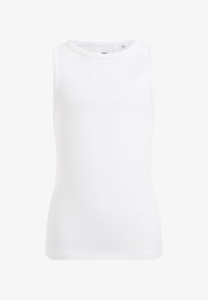 Bela brezrokavna majica iz rebrastega materiala, s krožnim izrezom in prileganjem, ki ima čiste robove in brez dodatnih okraskov.