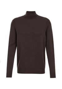 Pulover cu guler înalt, de culoare maro, fabricat dintr-un material tricotat moale. Design ajustat, mâneci lungi, manșete și tiv dantelate, textură netedă cu detalii minime.