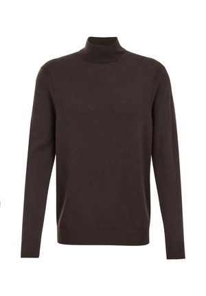 Maglione a collo alto marrone realizzato in morbido tessuto a maglia. Design aderente, maniche lunghe, polsini e orlo a costine, texture liscia con dettagli minimi.