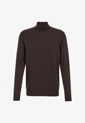 Maglione a collo alto marrone realizzato in morbido tessuto a maglia. Design aderente, maniche lunghe, polsini e orlo a costine, texture liscia con dettagli minimi.