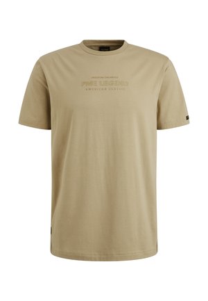 Tan cotton t-shirt with short sleeves, round neckline, and embossed text "PME LEGEND AMERICAN CLASSIC" on the front.