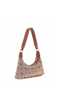 Borsa a spalla marrone con una silhouette curvilinea, realizzata in tessuto stampato e impreziosita da una tracolla in pelle e accessori metallici.