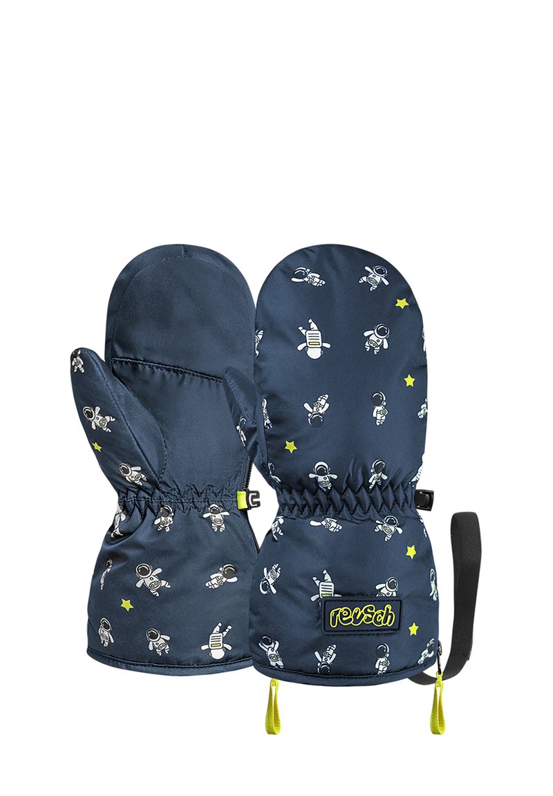 Marineblaue Fäustlinge mit einem Weltraumthema, die cartoonhafte Astronauten und Sterne zeigen. Hergestellt aus strapazierfähigem Material, mit elastischen Bündchen und gelben Akzenten.