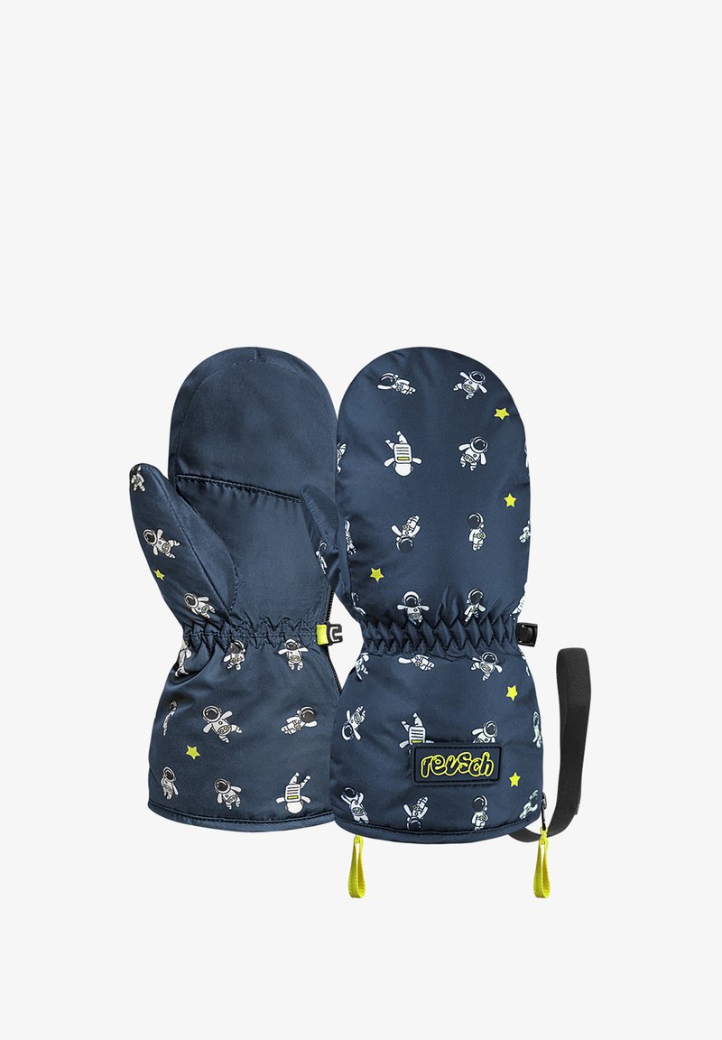 Marineblaue Fäustlinge mit einem Weltraumthema, die cartoonhafte Astronauten und Sterne zeigen. Hergestellt aus strapazierfähigem Material, mit elastischen Bündchen und gelben Akzenten.