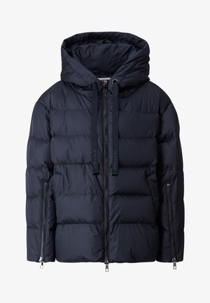 Navy puffer jacket with a hood, featuring a quilted design, front zipper, and two zippered side pockets. Accented with black drawstrings.