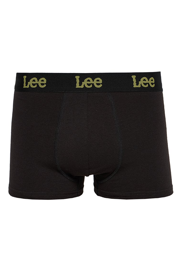 Boxer-briefs noirs avec une texture lisse et une large ceinture noire épaisse, arborant le nom de la marque "Lee" en lettres vert olive.