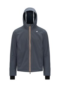 Szara wodoodporna kurtka z kapturem, z przednim zamkiem błyskawicznym, bocznymi kieszeniami i kontrastowymi pomarańczowymi akcentami wzdłuż zamka. Czarne mankiety.