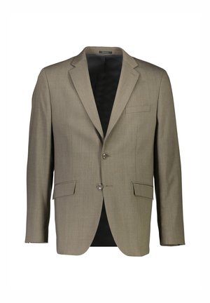 Beige Blazer mit glatter Textur, einreihigem Design, zwei Fronttaschen und silbernen Knöpfen; verfügt über ein kontrastierendes schwarzes Innenfutter.