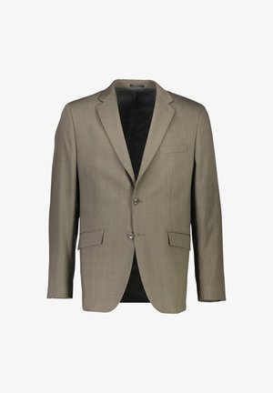 Beige Blazer mit glatter Textur, einreihigem Design, zwei Fronttaschen und silbernen Knöpfen; verfügt über ein kontrastierendes schwarzes Innenfutter.
