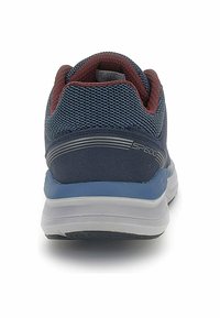Blue mesh athletic shoe with a cushioned heel, grey accents, and a textured white sole. Features logo and layered design elements.