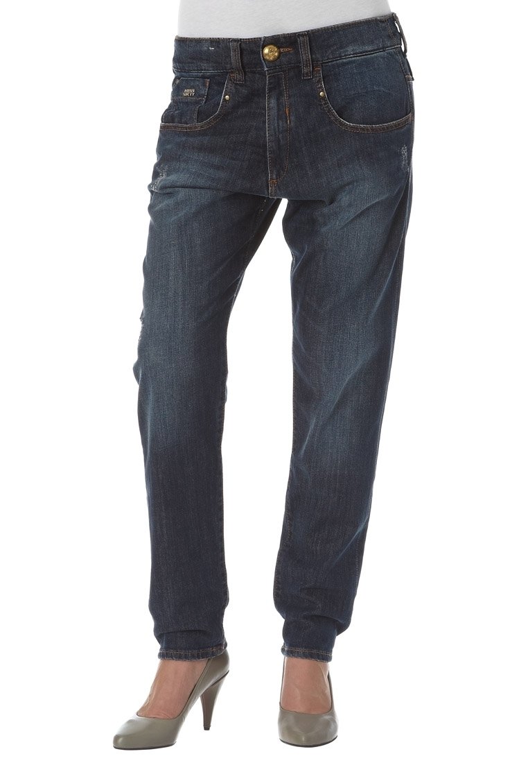 Jeans en denim bleu foncé avec une coupe droite, cinq poches et une fermeture éclair. Dotés d'un bouton doré et de détails de décoloration subtils.