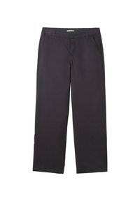 Zwarte, loszittende broek van lichtgewicht stof. Voorzien van een knoopsluiting, twee voorzakken en een recht gesneden ontwerp.
