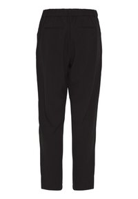 Pantalon noir droit avec ceinture élastique et deux poches passepoilées à l’arrière, vu de dos sur fond blanc.