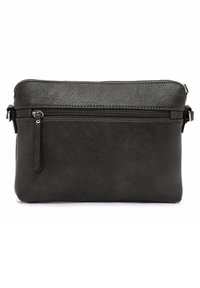 Black leather bag with a textured surface, featuring a top zipper and a front pocket with a zipper. Compact rectangular design.
