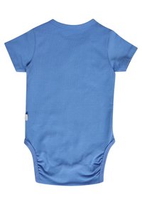 Blå bomull kortärmad bodysuit med rund halsringning och rynkdetaljer bak. Har en liten etikett på sidan.