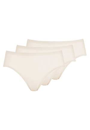 Pack of three women's briefs in light beige cotton, featuring a smooth texture, elastic waistband, and classic bikini cut.