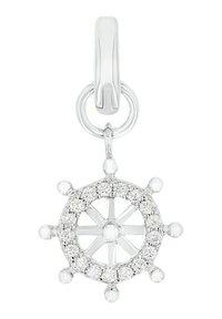 Silver nautisk ratt charm med glittrande cirkulära accenter, med en central öppen cirkel och åtta utstickande ekrar.