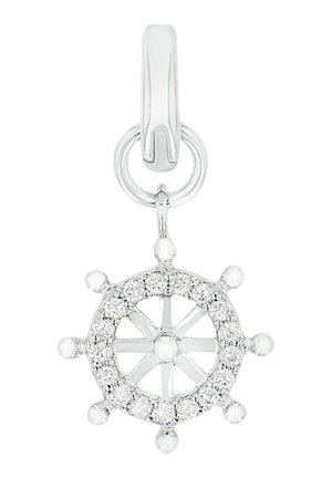 Silver nautisk ratt charm med glittrande cirkulära accenter, med en central öppen cirkel och åtta utstickande ekrar.