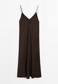 Dark brown sleeveless slip dress with thin shoulder straps and a V-neckline against a plain white background.