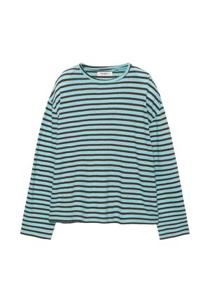 Fekete és világoskék vízszintes csíkos hosszú ujjú, kerek nyakú ing, laza szabású, egyenes szegéllyel.