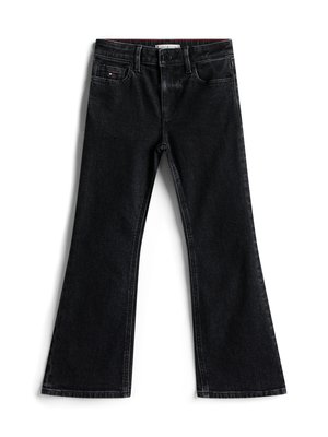 Schwarze Schlagjeans aus Denim mit einem regulären Bund, zwei vorderen Taschen und einem kleinen Logo auf der Gesäßtasche.