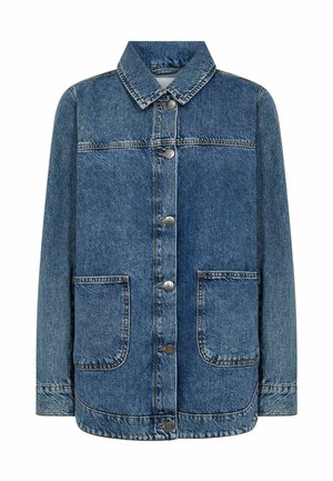 Medium blue denim jacket with long sleeves, collar, front buttons, and two large front patch pockets.