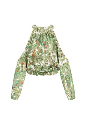 Blusa a maniche lunghe in tessuto bianco con motivo paisley verde su tutta la superficie. Presenta un orlo arricciato e spalle scoperte.
