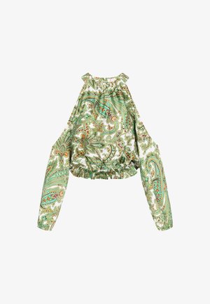 Long-sleeve blouse in white fabric with an all-over green paisley pattern. Features ruffled hem and exposed shoulders.