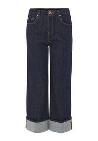 Donkerblauwe spijkerbroek met een losse pasvorm, voorzien van een omgeslagen zoom in lichtblauwe denim, contrasterende stiksels en zijzakken.