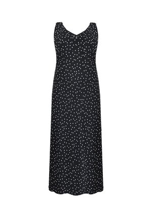 Abito nero senza maniche con pois bianchi, scollatura a V, corpetto aderente e gonna fluida, realizzato in un tessuto leggero e morbido.