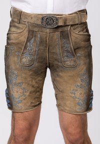 Leather shorts in light brown with blue floral embroidery, two pockets, decorative stitching, and a silver belt buckle.