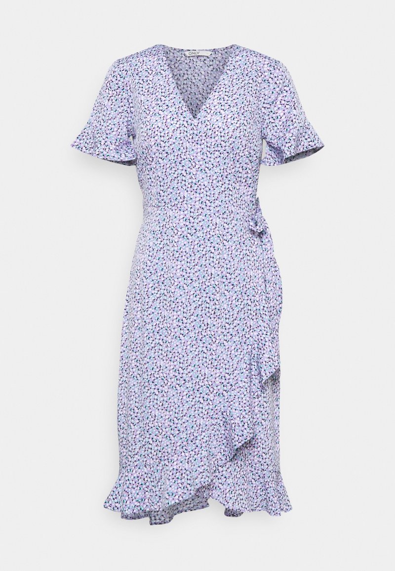 Robe portefeuille mauve clair à manches courtes avec petit imprimé floral, encolure en V, ourlet volanté et détail noué sur le côté.