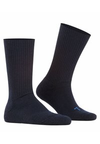 Calzini neri a coste con punta e tallone rinforzati, caratterizzati da una texture liscia. Ogni calzino presenta un piccolo dettaglio blu vicino alla punta.