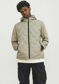 Gevoerde zip-up jas in licht olijfgroen, met een capuchon, zwarte rits en zijzakken. Het materiaal lijkt glad met zichtbare stiksels.