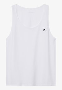 White cotton tank top featuring a round neckline and a small black bird logo embroidered on the left chest. Smooth texture, sleeveless design.