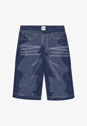 Bermuda de ganga em azul escuro com costuras visíveis, cinco bolsos e uma cintura com marca. Apresenta um tecido texturizado com um design clássico.