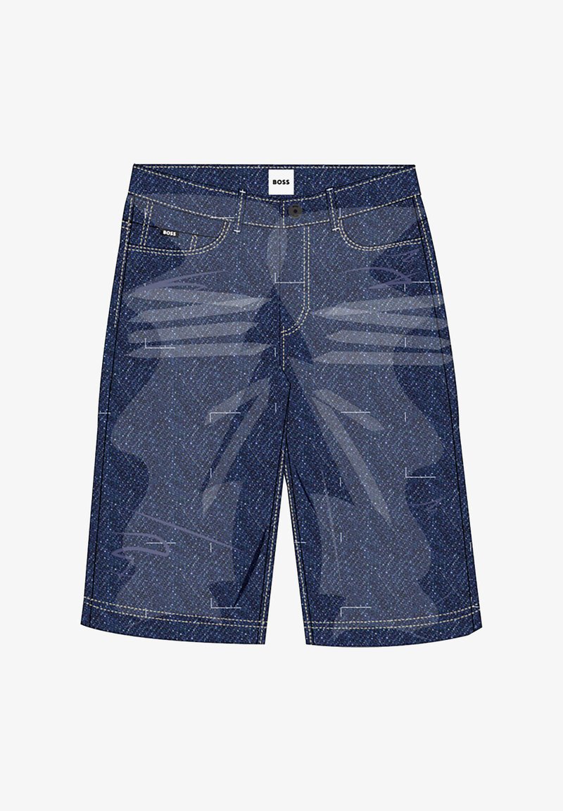 Jeans kratke hlače v temno modri barvi z vidnim šivanjem, petimi žepi in označenim pasom. Imajo teksturirano tkanino s klasičnim dizajnom.