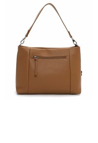 Pruun nahast käekott krobeline tekstuuriga, esiküljel lukuga tasku, ühe õlarihmaga ja minimalistliku disainiga.