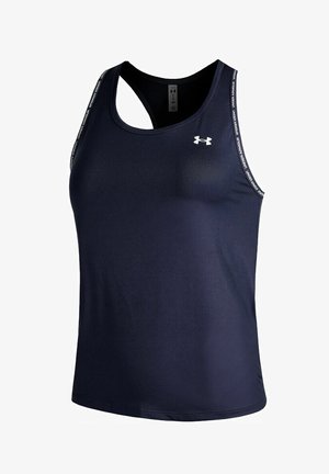 Canottiera sportiva blu navy realizzata in tessuto liscio e traspirante. Caratterizzata da un design a schienale scoperto e un logo bianco a contrasto sul cinturino.