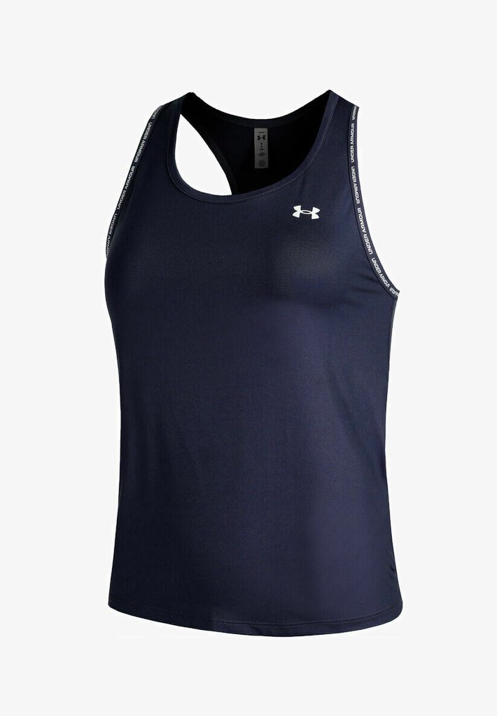 Canottiera sportiva blu navy realizzata in tessuto liscio e traspirante. Caratterizzata da un design a schienale scoperto e un logo bianco a contrasto sul cinturino.
