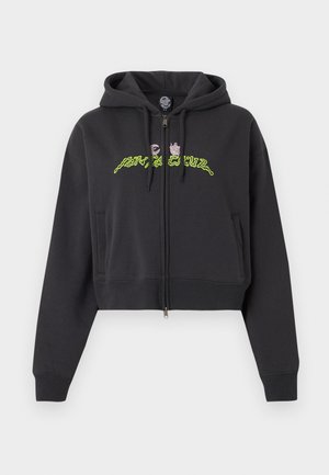 Μαύρο κοντό φούτερ με φερμουάρ και κουκούλα, μακριά μανίκια, πλαϊνές τσέπες, και αφηρημένο σχέδιο κειμένου σε νέον πράσινο και ροζ στο στήθος.