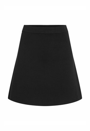 Gonna nera svasata, realizzata in un tessuto liscio, presenta una vita ampia e un design semplice e pulito, privo di motivi o decorazioni.