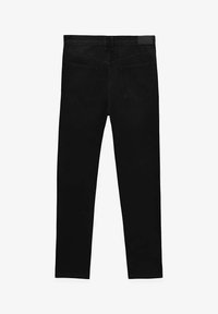 Jeans in denim nero con un design aderente, caratterizzati da una vita alta, due tasche posteriori e senza dettagli di cucitura visibili.